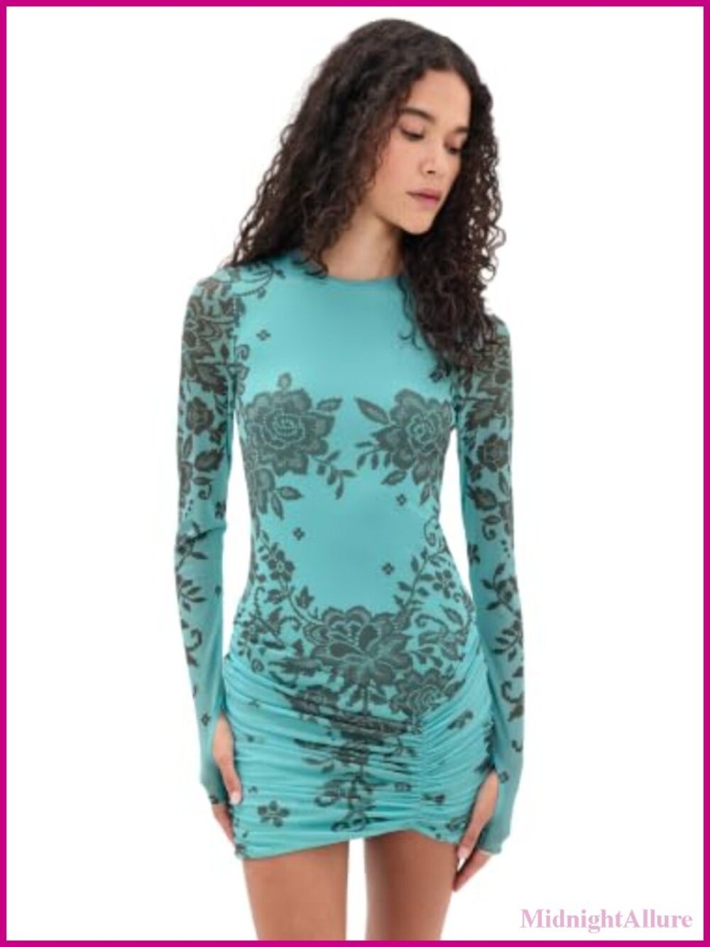 Women's Bodycon Mini Dress Lightweight Stretch Mesh Floral Print Long Sleeve
